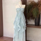 Blue backless fashionable suspender elegant long chiffon flowing ruffle dress 3