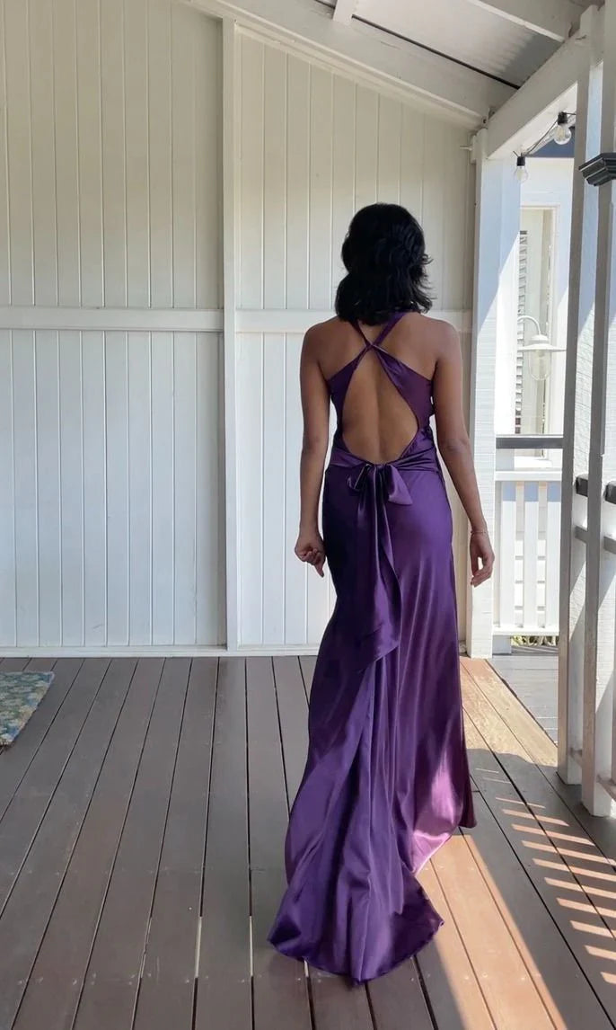 Purple Simple Elegant V Neck Backless Vintage Mermaid Long Ball Gown Prom Dress Evening Gown Party Dress nv2622