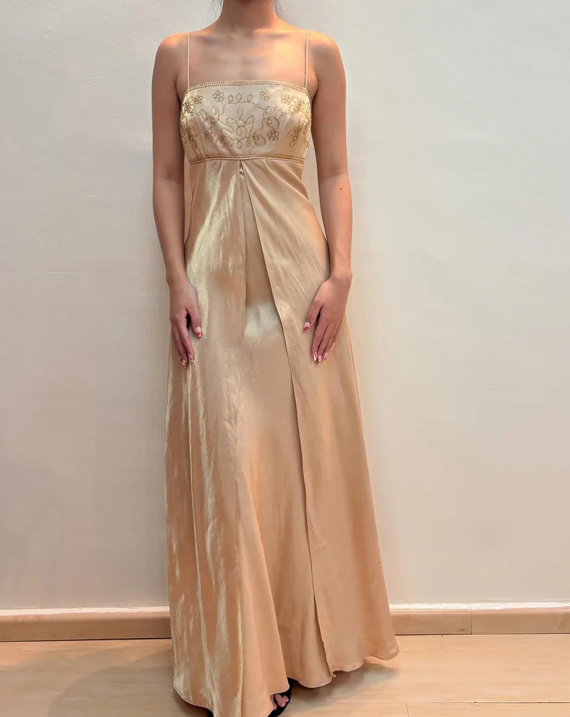 NiceVestidos--Exquisite floral beaded fairy dress sleeveless champagne satin A-line floor-length evening gown with spaghetti straps prom dress NV5774