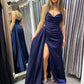 A Line Open Back Navy Blue Satin Long Prom Dresses with High Slit, Long Navy Blue Formal Graduation Evening Dresses nv1503