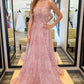 A Line Open Back Pink Sequins Lace Long Prom Dress Open Back Pink Lace Formal Dress Pink Lace Floral Evening Dress nv1566