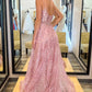 A Line Open Back Pink Sequins Lace Long Prom Dress Open Back Pink Lace Formal Dress Pink Lace Floral Evening Dress nv1566