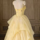 Yellow Tulle Spaghetti Strap A-Line Beaded Tiered Long Ball Gown Formal Evening Dress banquet outfit nv2992