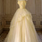 Yellow Tulle Spaghetti Strap A-Line Beaded Tiered Long Ball Gown Formal Evening Dress banquet outfit nv2992