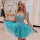 A Line V Neck Blue Lace Prom Dresses, Short Blue Lace Homecoming Dresses, Blue Formal Graduation Evening Dresses nv1474