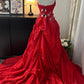 Rotes Satin-Abendkleid mit Schleppe | Verzierter Vintage-Stil | Abend-/Partykleid NV6316
