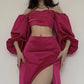 Fuchsia Vintage Two Piece Long Slit Prom Dress Satin Long Party Dress Birthday Outfit nv2029