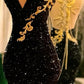 NiceVestidos-Black, Glamorous, Long Sequined Evening Gown With Delicate Gold Embellishments. NV6098