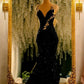 NiceVestidos-Black, Glamorous, Long Sequined Evening Gown With Delicate Gold Embellishments. NV6098