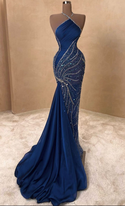 NiceVestidos-Blue, Gorgeous, Exquisitely Beaded, Fashionable Long Floor-Length Gown. NV6104