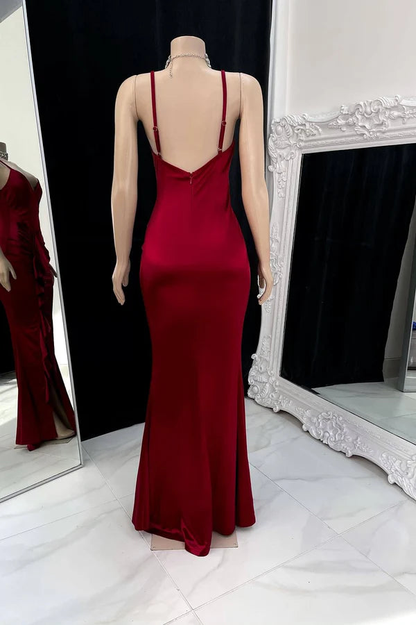 Sexy burgundy mermaid fashion pleated spaghetti strap slit prom dress evening gown party dress nv2274