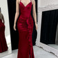 Sexy burgundy mermaid fashion pleated spaghetti strap slit prom dress evening gown party dress nv2274