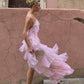 Simple A-line Pink Halter Neck Tiered Long Floor Length Prom Gown Evening Dress Party Dress nv2273