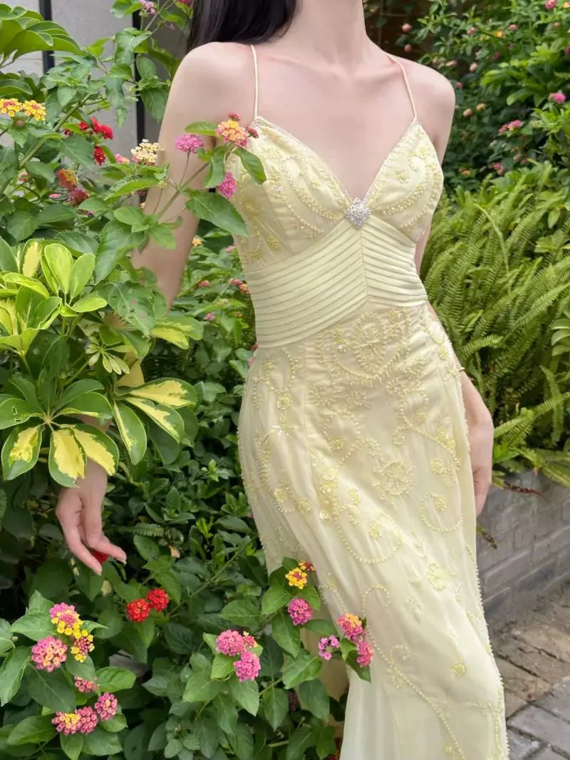 Sweet Elegant Mermaid Spaghetti Strap Yellow Chiffon Long Ball Gown Evening Dress with Beading nv2759