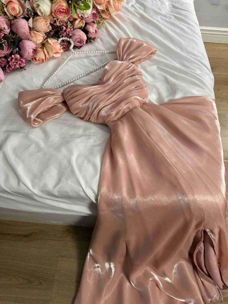 Strapless Simple Pink Satin Long Evening Dress Low Profile A-Line Ball Gown nv2774