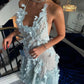 Elegant Light Blue tulle Long Ball Gown Evening Dress with Open Back High Low Floral nv2855