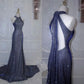 Navy Blue Elegant Shiny Mermaid Strapless Sequined Long Fitted Ball Gown Evening Dress nv2750