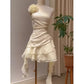 Yellow Sweet Cute A-line One Shoulder Short Birthday Dress Chiffon Homecoming Dress Evening Dress nv2968