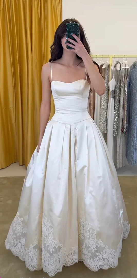 NiceVestidos--Sleeveless White Satin With Lace A line Floor length Wedding Dress NV5782