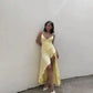 Yellow spaghetti strap ruffle irregular hem long ball gown evening dress party dress nv2310