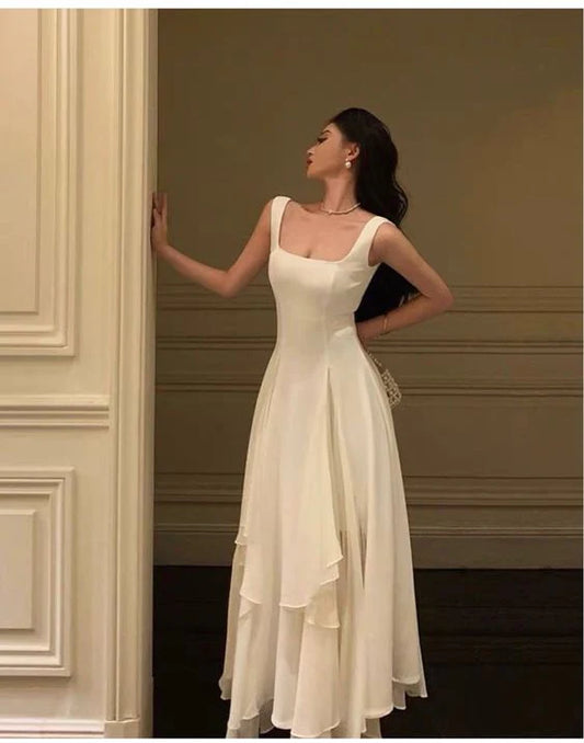 White Elegant Irregular Hem Long Ball Gown Evening Dress A-Line Square Neck Ball Gown Ankle Length nv2007