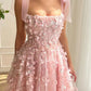 Cute A Line Pink Lace Floral Prom Dresses, Beaded Pink Homecoming Dresses, Short Pink Formal Evening Dresses with 3D Flowers nv1510