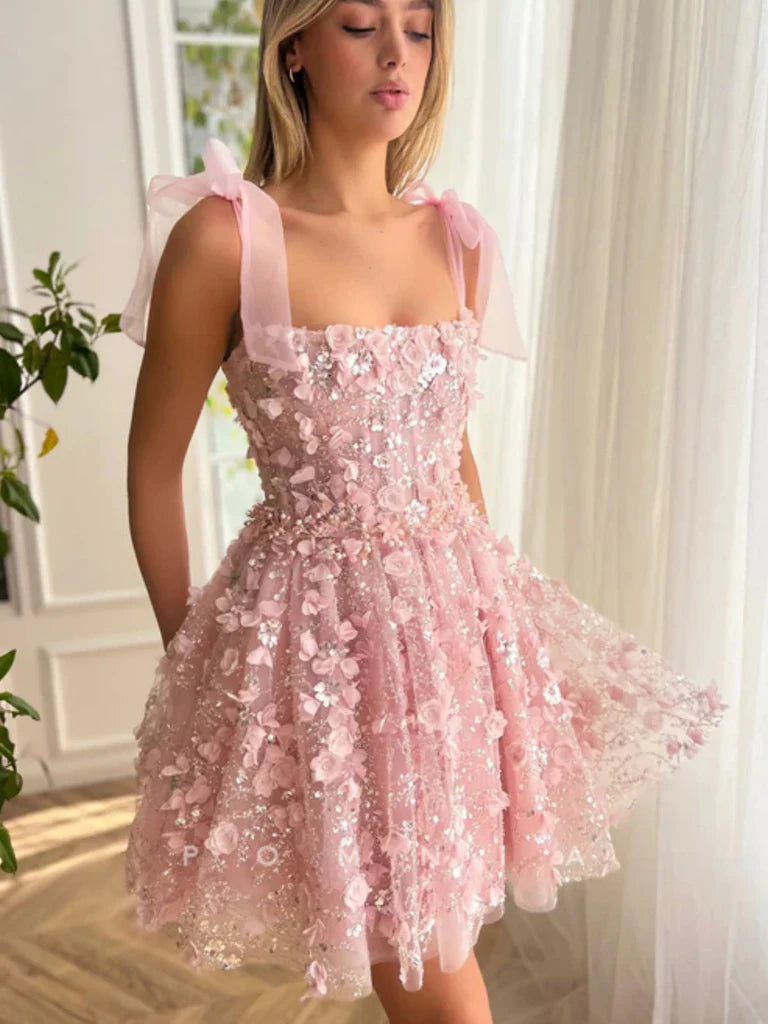 Cute A Line Pink Lace Floral Prom Dresses, Beaded Pink Homecoming Dresses, Short Pink Formal Evening Dresses with 3D Flowers nv1510