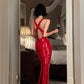 Charming Red Mermaid Halter Sequin Open Back Prom Dress Evening Dress nv5394