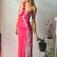 Hot pink one shoulder three-dimensional flower decoration shoulder strap long banquet dress evening dress nv2916