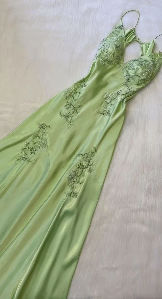 Green vintage V neck exquisite embroidery applique long satin elegant party dress evening gown prom dress nv2045