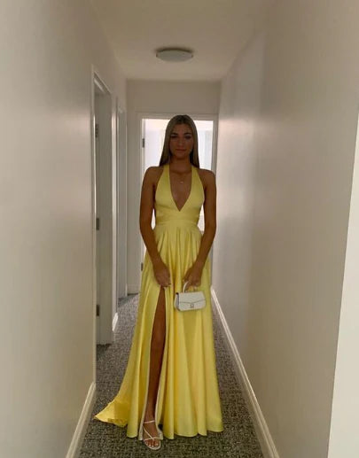 Yellow Deep V Neck A-Line Open Back Hollow Slit Long Prom Dress Formal Party Dress Evening Gown nv2481