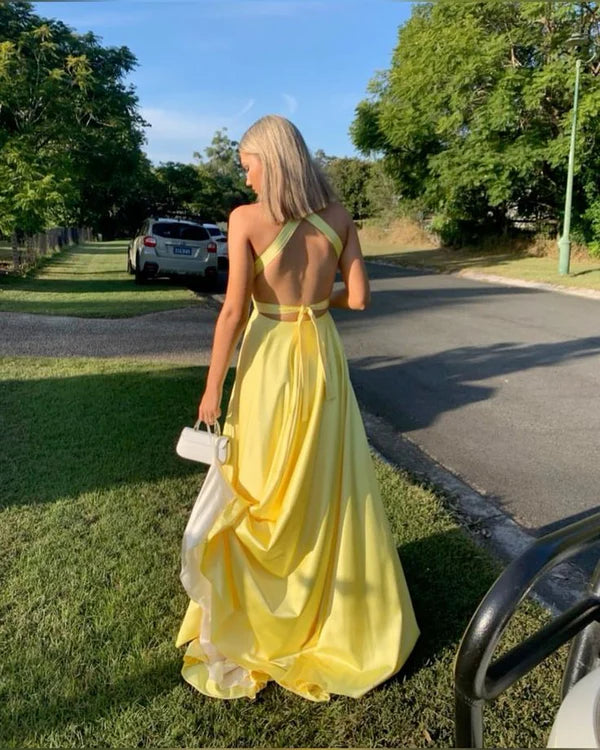 Yellow Deep V Neck A-Line Open Back Hollow Slit Long Prom Dress Formal Party Dress Evening Gown nv2481