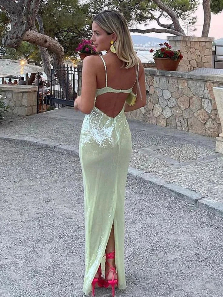 Sage Green Sparkling Spaghetti Strap Sequined Long Party Dress Evening Gown Prom Dress nv2211