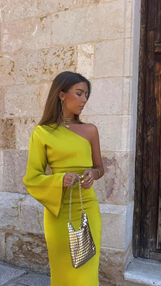 Yellow green simple fashion one shoulder off shoulder slit banquet dress homecoming dress party dress nv2367