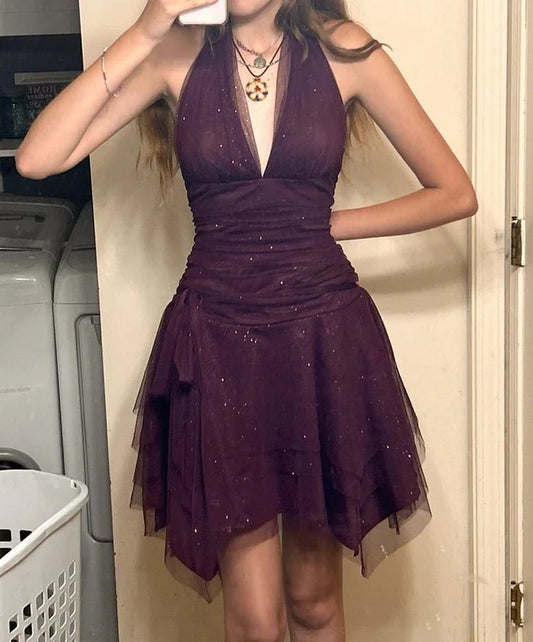 NiceVestidos-Purple Shimmer Chiffon Short Formal Homecoming Dress Hoco Dress nv5496