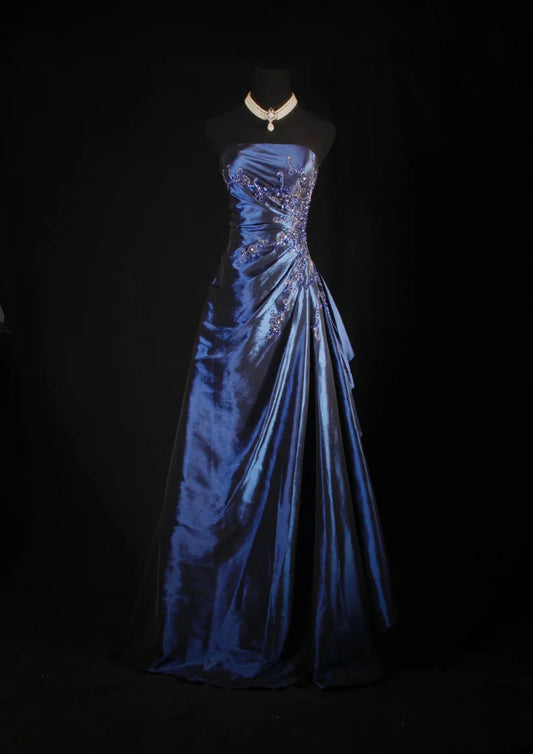 Navy Blue Gorgeous Shiny Vintage Fashion Off Shoulder Exquisite Beading Long Satin Elegant Ball Gown Party Dress Prom Dress nv3852
