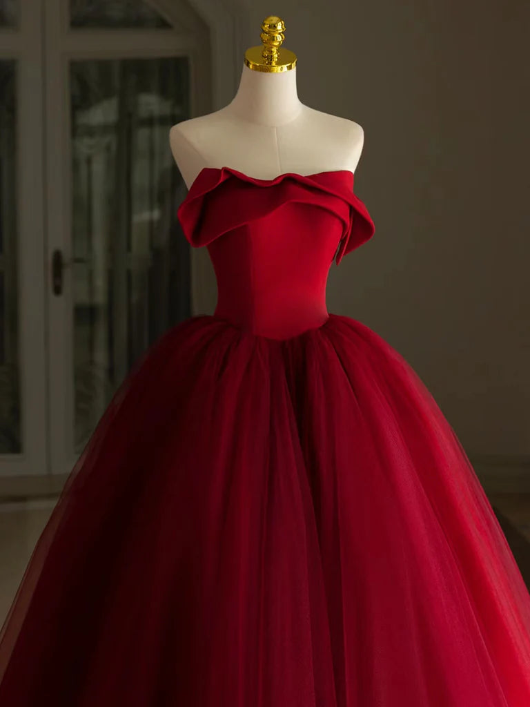 A-Line Tulle Burgundy Long Prom Dress, Burgundy Long Formal Dress nv1681