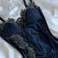 Navy Blue Vintage Elegant Spaghetti Strap Exquisite Lace Long Mermaid Satin Empire Dress Ball Gown Evening Dress Party Dress Prom Dress nv4033