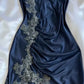 Navy Blue Vintage Elegant Spaghetti Strap Exquisite Lace Long Mermaid Satin Empire Dress Ball Gown Evening Dress Party Dress Prom Dress nv4033