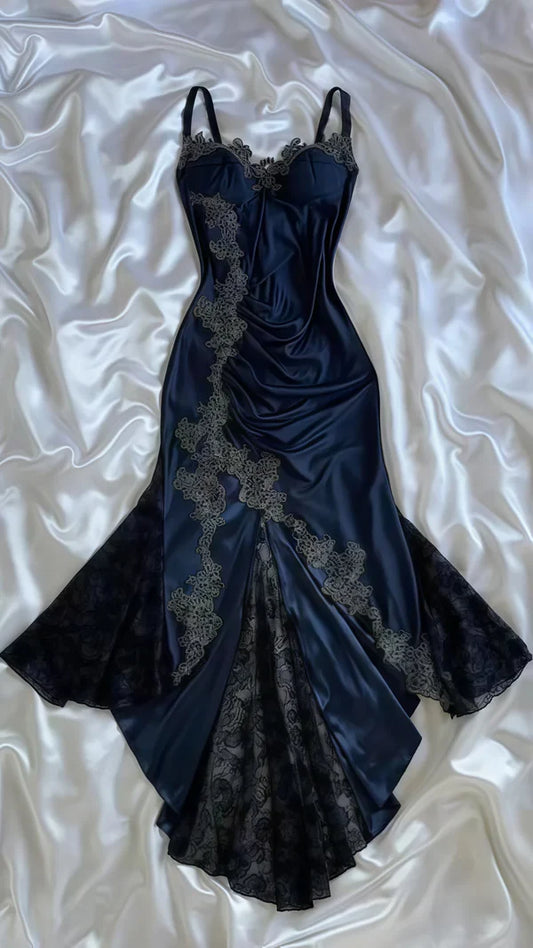 Navy Blue Vintage Elegant Spaghetti Strap Exquisite Lace Long Mermaid Satin Empire Dress Ball Gown Evening Dress Party Dress Prom Dress nv4033