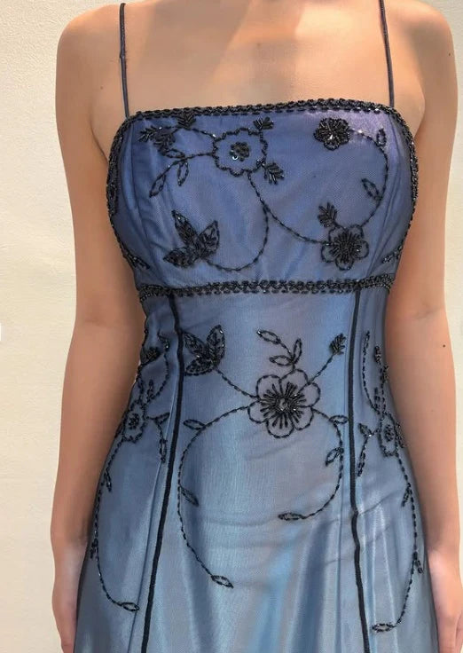 Blue Vintage Gorgeous Gradient Delicate Beaded Long Tulle Satin Imperial Dress Ball Gown Evening Gown Party Dress Prom Gown nv4032