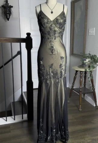 Blue/Reddish Brown/Green Beaded Vintage Evening Gown Spaghetti Strap Chiffon Long Ball Gown nv4269