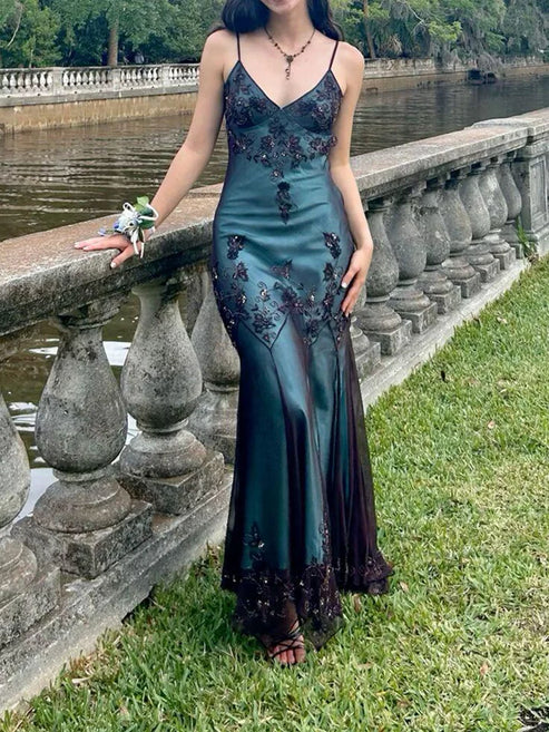 Blue/Reddish Brown/Green Beaded Vintage Evening Gown Spaghetti Strap Chiffon Long Ball Gown nv4269
