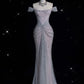 Silver Gorgeous Exquisite Shiny Mermaid Off-the-shoulder Tulle Rhinestone Long Sequined Prom Dress Formal Graduation Dress Evening Gown nv3794