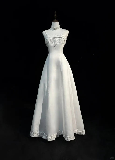 White A-line Beaded Satin Long Ball Gown Graduation Prom Dress Wedding Dress nv4292