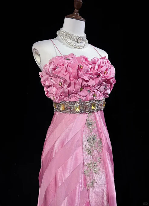 Pink Fashion Ruffled Mermaid Satin Beaded Long Ball Gown Evening Dress Beautiful Bride Wedding Dress nv4291