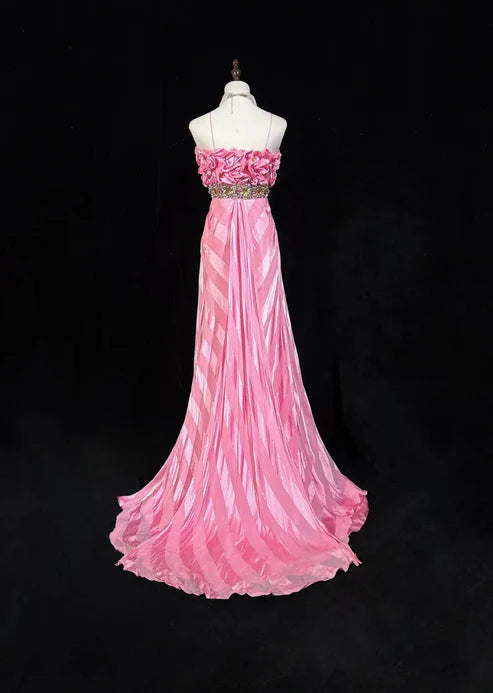 Pink Fashion Ruffled Mermaid Satin Beaded Long Ball Gown Evening Dress Beautiful Bride Wedding Dress nv4291