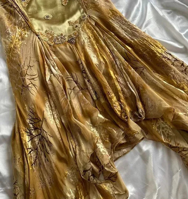 Gold Floral Elegant Long Satin Prom  Dress Evening Dress Party Dress nv4696