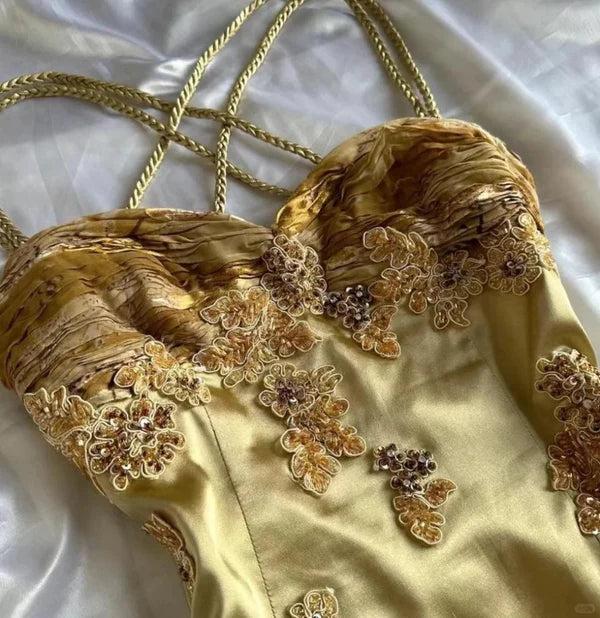 Gold Floral Elegant Long Satin Prom  Dress Evening Dress Party Dress nv4696