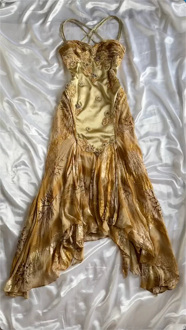 Gold Floral Elegant Long Satin Prom  Dress Evening Dress Party Dress nv4696